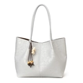 Minimalist light gray leather tote bag with a boho floral charm and long shoulder handles - With Pendant / Blue