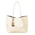 Minimalist creamy white large tote bag with elegant floral charm and textured leather - With Pendant / White