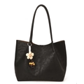 Black leather tote bag with dual shoulder straps and a white flower pendant - With Pendant / Black