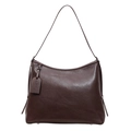 Borsa tote in pelle marrone scuro capiente e minimalista con targhetta e tracolla lunga - Marrone