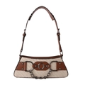 Retro cream woven shoulder bag with brown leather trim and metal chain details - Beige