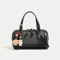 Borsa Boston in pelle nera e twill grigio con grazioso ciondolo a forma di orso - Nero