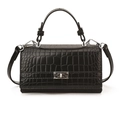 Sac à main noir texture crocodile avec fermoir rotatif argenté et bandoulière amovible - Noir