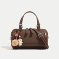 Dark brown Boston bag in leather and canvas with cute bear and star pendant - Brown