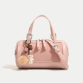Pink Boston style handbag with twill fabric and cute charms for women - Pink