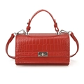 Red crocodile pattern handbag with rectangular silver twist lock and fixed top handle - Red