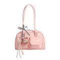Pink vintage faux leather Boston bag with double front pockets and plush bear charm - With Pendant / Pink