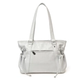 Bolso tote minimalista en cuero gris claro con cremallera y cordones laterales decorativos - Azul