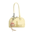 Cream yellow PU leather Boston bag with long handles and decorative plush pendant - With Pendant / Yellow