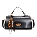 Classic black vintage leather crossbody bag with ethnic wooden bead charm detail - With Pendant / Black