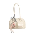 Cream white Boston shoulder bag with dual front pockets and cute teddy bear charm - With Pendant / White