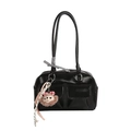Glossy black Boston shoulder bag with checkered ribbon and ShellieMay plush charm - With Pendant / Black