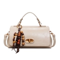 Cream-white retro crossbody bag with golden oval clasp and unique wooden bead charm - With Pendant / Khaki