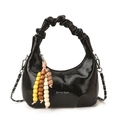 Glossy black patent leather hobo bag with pleated handle and colorful bead charm - Black