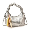 Silver metallic pleated dumpling bag with wood bead tassel and chain strap - Silver