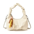 Creamy white dumpling handbag with ruched handle and colorful wood bead charm - White