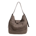 Bolso tote de ganchillo en marrón oscuro con botón retro y correa ajustable de cuero - Gris