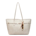 Minimalist beige PU leather tote bag with long handles and decorative tassel pendant - With Pendant / Off White