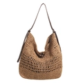 Bolso hobo grande de paja tejida a mano en tonos tierra con correa de cuero y botón cuerno - Caqui