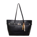 Large black tote bag in wrinkled leather texture with gold hardware and beaded charm - With Pendant / Black