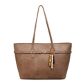 Brown faux leather tote bag with gold twist lock and stylish beaded charm detail - With Pendant / Khaki