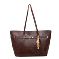 Dark brown tote bag with vintage texture, gold buckle and colorful beaded tassel - With Pendant / Coffee