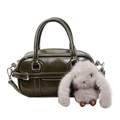 Olive green glossy baguette bag with a plush rabbit pendant and top handles - With Pendant / Green