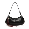 Glänzende schwarze Halbmond-Tasche mit rot-weißem Kordelzug und Herzanhänger-Detail - Mit Anhänger / Schwarz