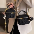 Elegant black tweed chain crossbody bag with plush charm and gold hardware detail - Black Large With Charm