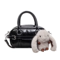 Glossy black Boston handbag with silver hardware and a plush bunny charm accent - With Pendant / Black