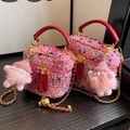 Pink tweed crossbody bag with gold chain strap and cute plush charm detail - Wine Red Large With Charm