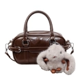 Retro dark brown leather bowling bag for women with silver hardware and plush bunny charm - With Pendant / Brown