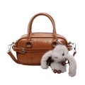 Minimalist brown faux leather handbag with rabbit charm and top handles in Korean style - With Pendant / Orange