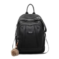 Fashionable black pebble leather backpack for women with plush pompom and zip pockets - With Pendant / Black