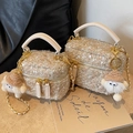 Elegant beige tweed crossbody bag with sequins and a cute plush doll pendant accessory - Beige Large With Charm