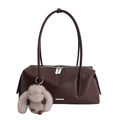 Dunkelbraune Retro-Boston-Tasche mit Silberbeschlägen und grauem Kaninchen-Anhänger - Mit Anhänger / Braun