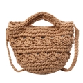 Handmade caramel hollow crochet straw beach bag with top handle and woven shoulder strap - Khaki
