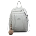 Light gray pebbled leather backpack with a brown plush charm and top handle - With Pendant / Green