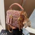 Pink tweed small crossbody bag with gold chain strap and plush bell charm - Black Small With Charm