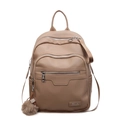 Chic khaki faux leather backpack with pebble texture and cute plush pompom keychain - Khaki
