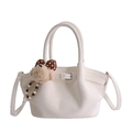 Minimalist cream white pleated bucket bag with plush dog charm and long strap - With Charm / White