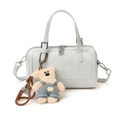 Light blue leather Boston bag with double zippers and cute bear plush charm decoration - Blue