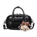 Glossy black Boston handbag with puppy plush charm and beaded strap detail - With Pendant / Black