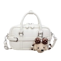 Creamy white Boston style leather handbag with removable strap and cute dog charm - With Pendant / White