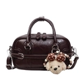 Elegant vintage dark brown faux leather handbag with dog plush pendant and top handles - With Pendant / Brown