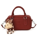 Deep red vintage bowling handbag in matte leather with cute bear charm and strap - With Pendant Style / Red