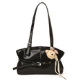 Bolso tote de cuero negro brillante con un lindo llavero de oso de peluche caqui - Con Colgante / Negro