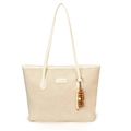 Beige tote bag with cartoon animal embossing and decorative brown wooden beads - With Pendant / Off White