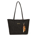 Black leather tote bag with elegant beaded charm and metallic brand name detail - With Pendant / Black