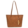 Brown embossed tote bag with cartoon dog patterns and wooden bead pendant for daily use - With Pendant / Brown